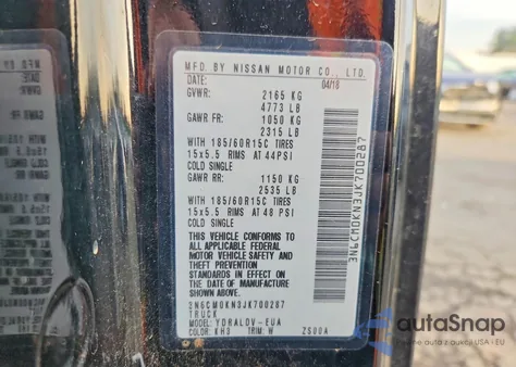 2018 Nissan Nv200 2.5S z USA, uszkodzony, nr VIN 3N6CM0KN3JK700287